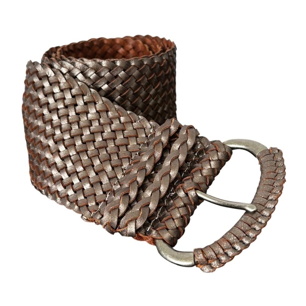 FOSSIL Wide‎ Woven Leather Belt Light Bronze with Leather Wrapped Buckle Detail